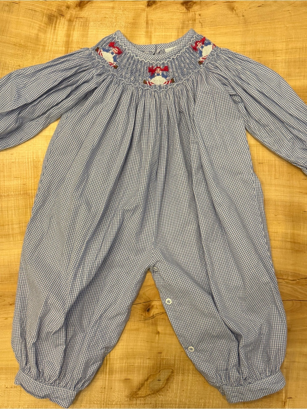Little English Smocked Raggedy Ann Romper 12M Blue Gingham One Piece Snap Outfit